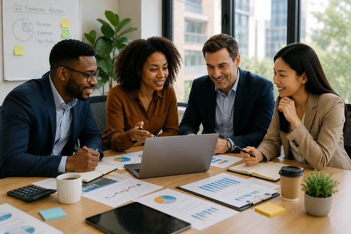 Finance professionals collaborating in a modern office, reviewing financial reports and charts during a team meeting, representing the in-demand finance skills employers seek in 2026