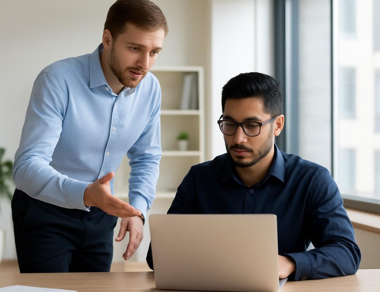 Employees collaborating in an office, showing job rotation and engagement