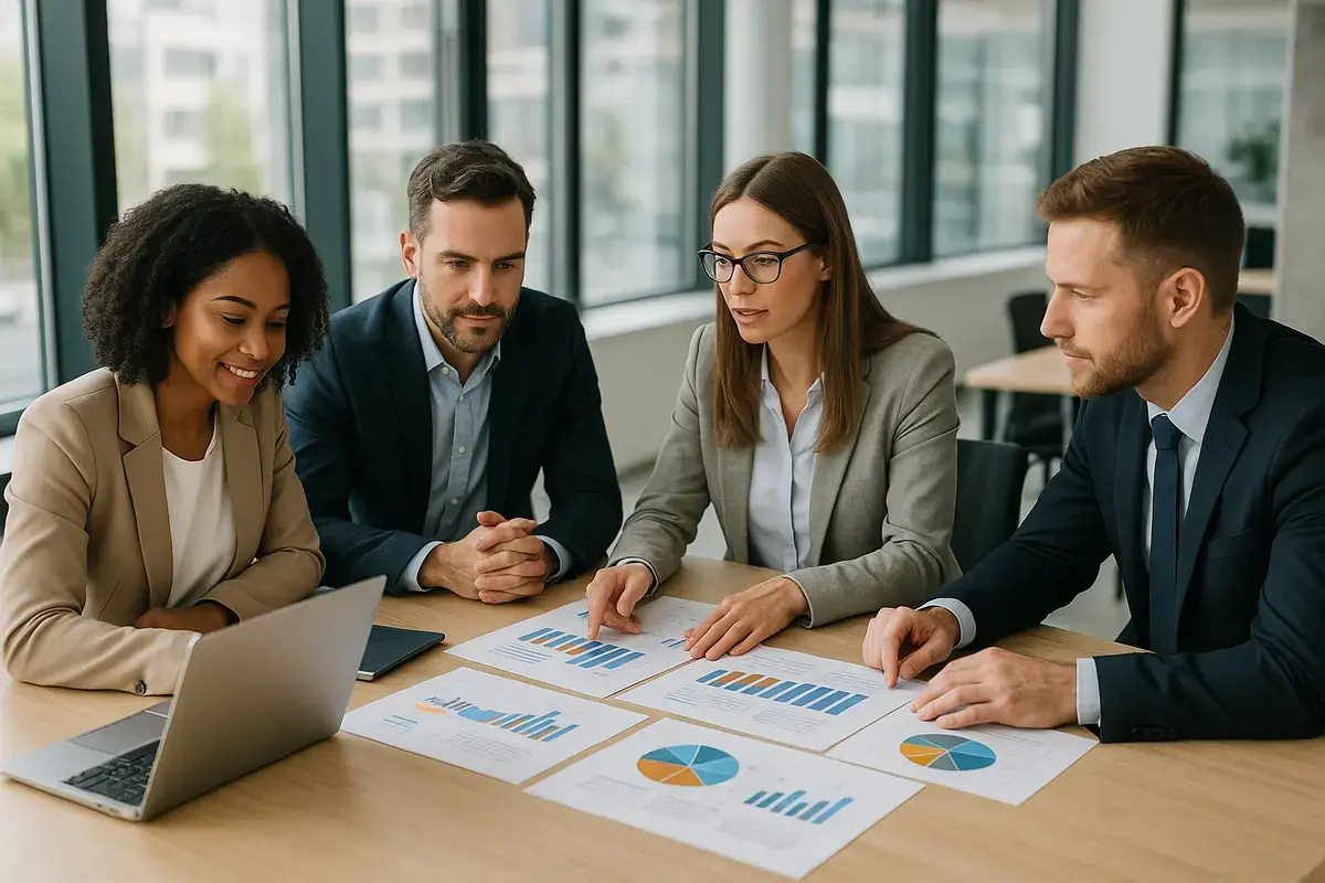 HR professionals analyzing staffing trends for 2026 in a modern office setting