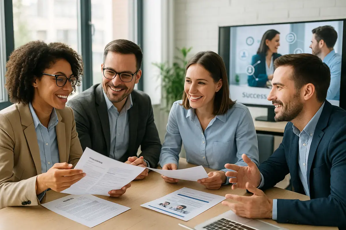 HR professionals collaborating in a modern office, highlighting the role of employee advocacy in recruitment
