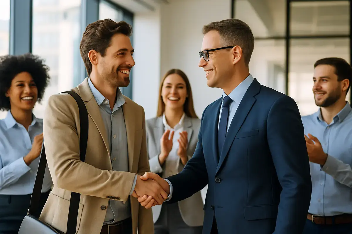 Manager welcoming a returning employee, representing successful rehiring of boomerang candidates