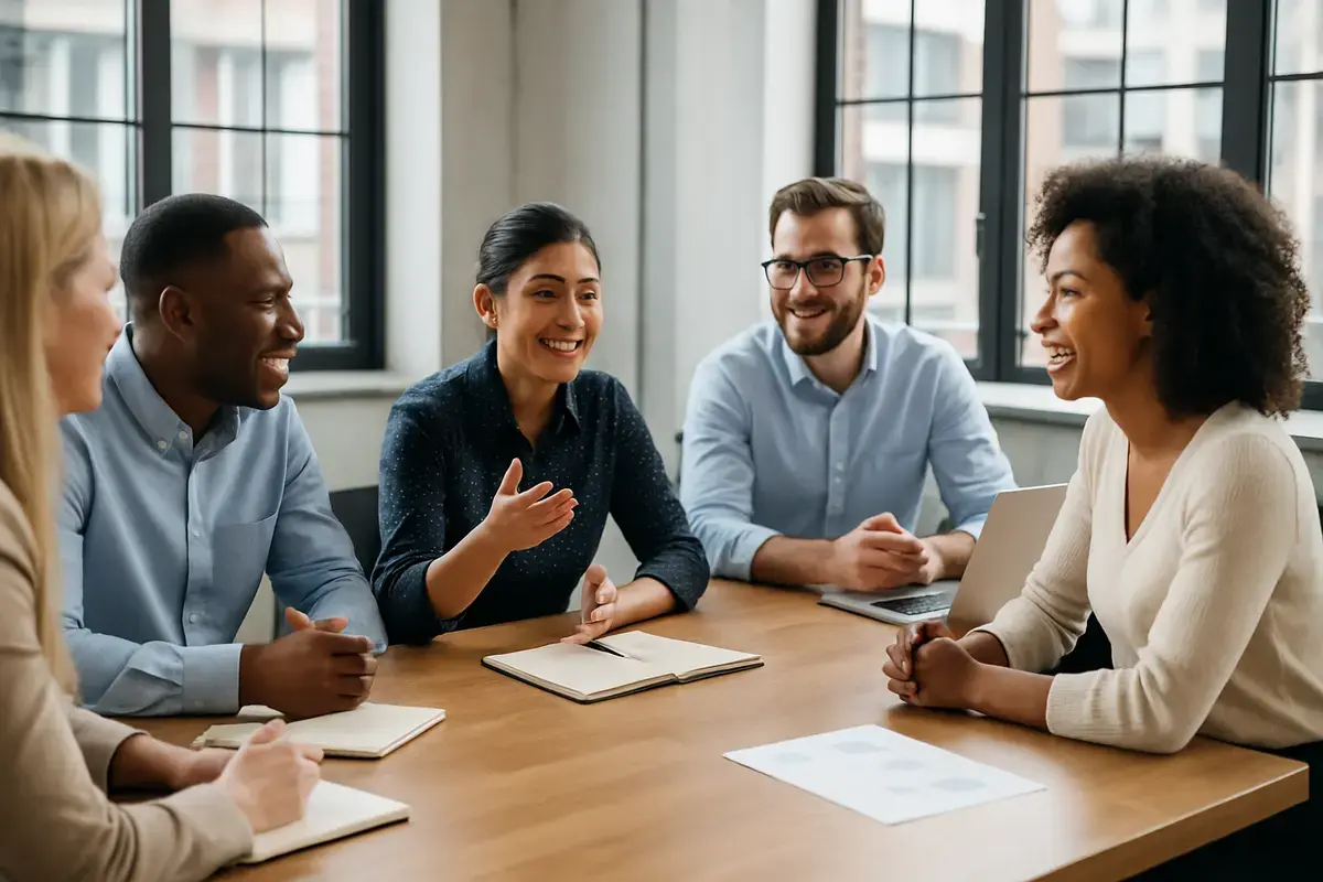 Team engaged in discussion, representing an employee feedback loop in the workplace
