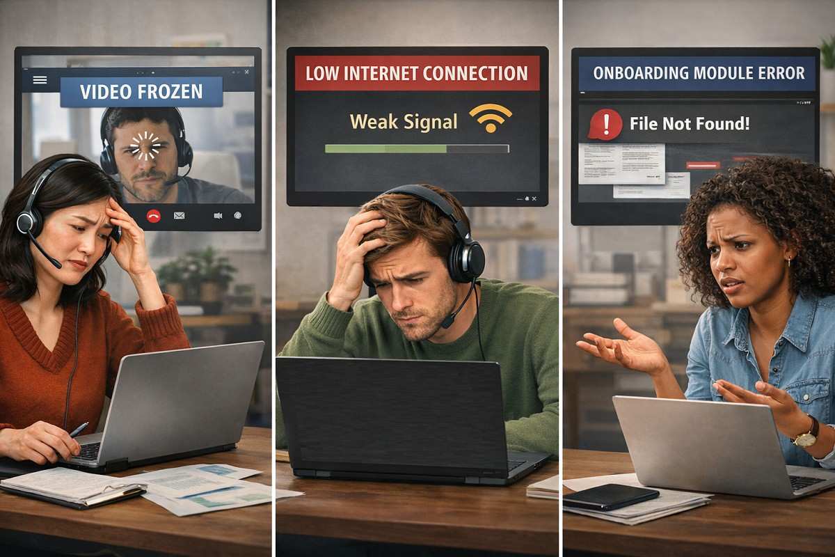 Remote employees facing onboarding issues like frozen video, weak internet, and system errors