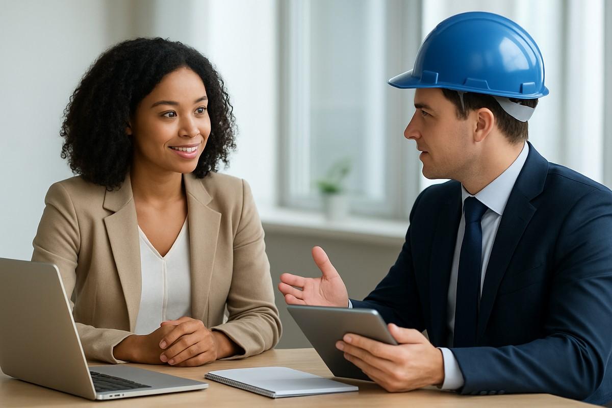 Two recruiters discussing engineering recruitment trends for 2026 in a modern office