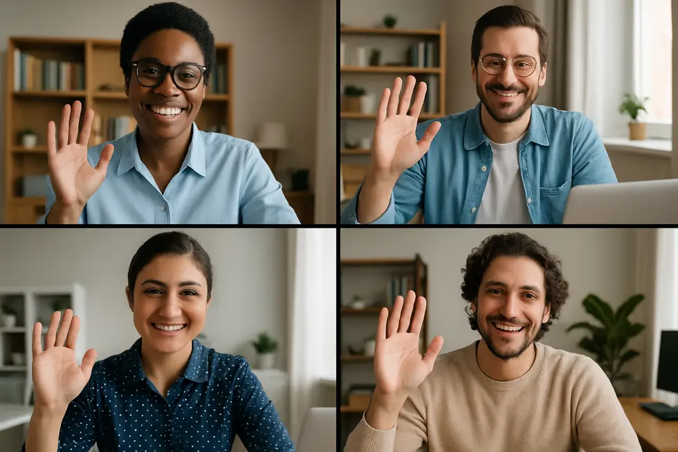 Four employees on screen participating in remote onboarding and collaborating virtually