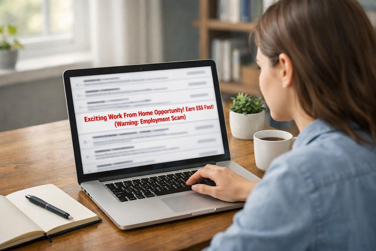 Woman exploring job opportunities on a laptop with a highlighted employment scam warning
