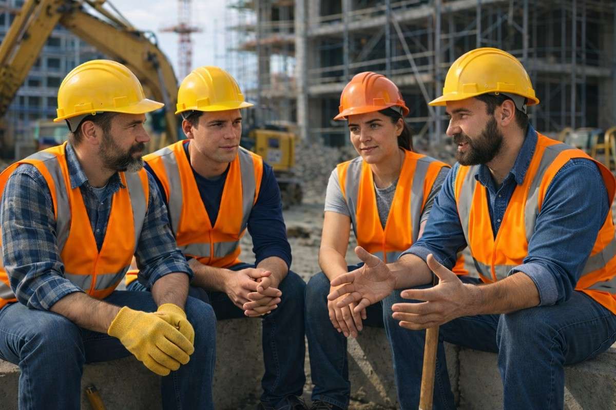 Construction workers idle on site showing workforce downtime and revenue loss in labour-heavy businesses