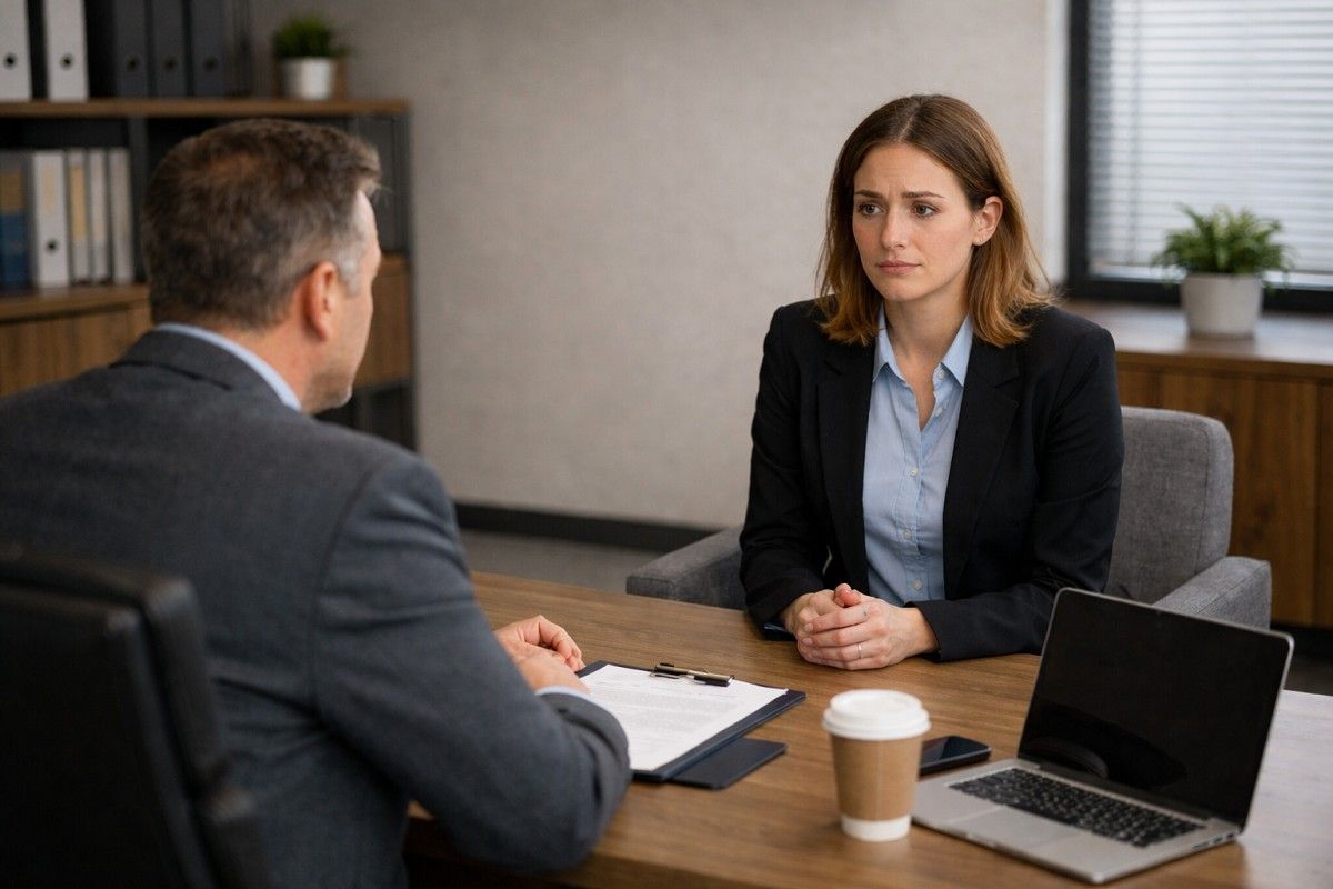 A candidate noticing job interview red flags while in an interview in a modern office setting