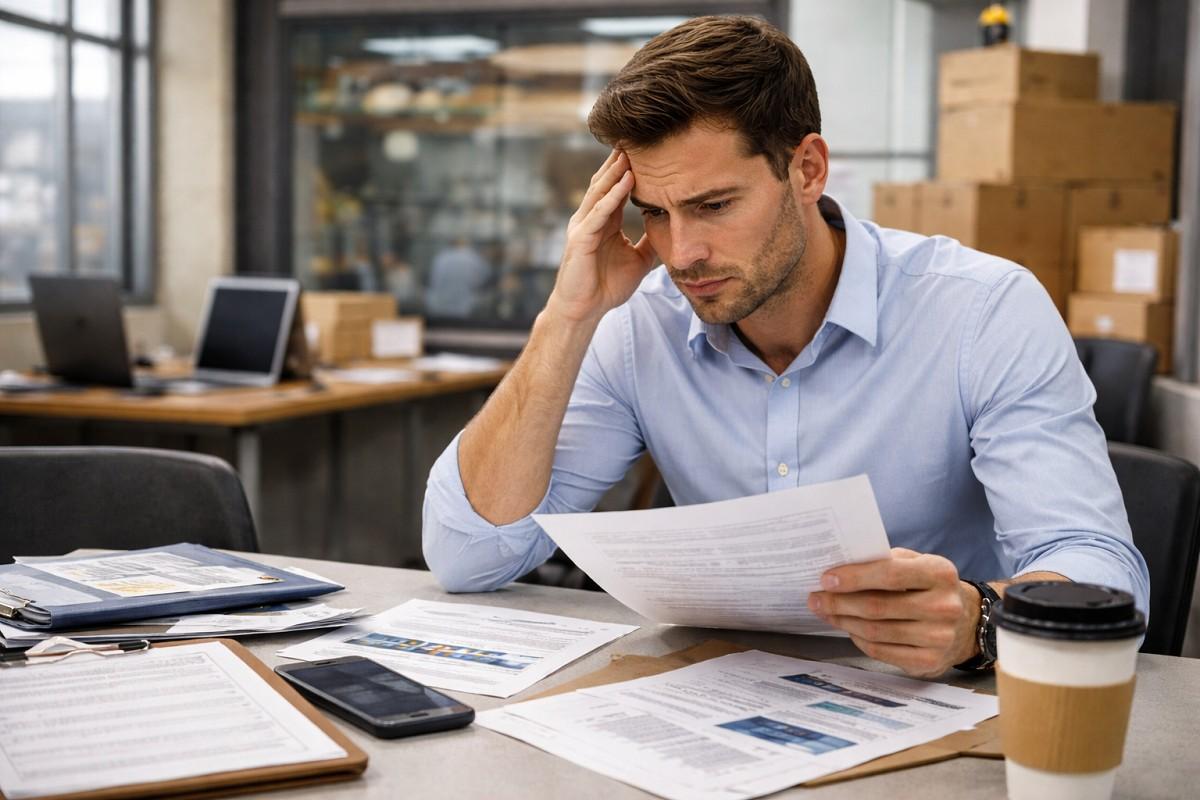 A hiring manager reviewing documents at his desk, looking concerned while managing temporary worker recruitment