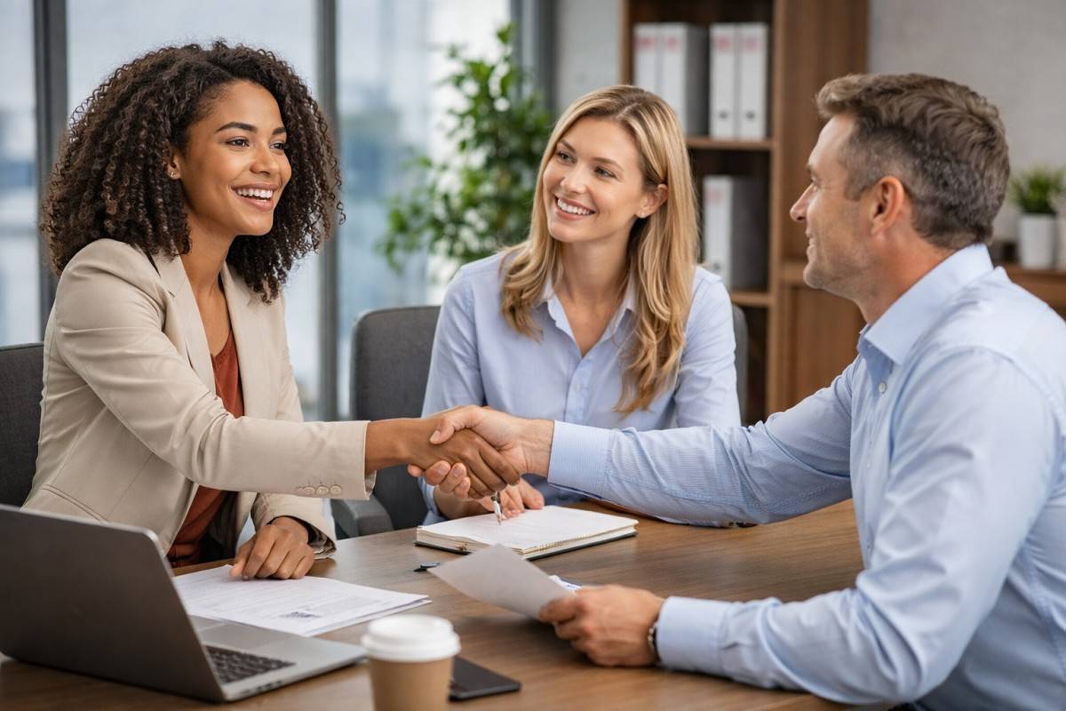 A female manager shaking hand with a temporary worker after being offered a permanent job role in the company