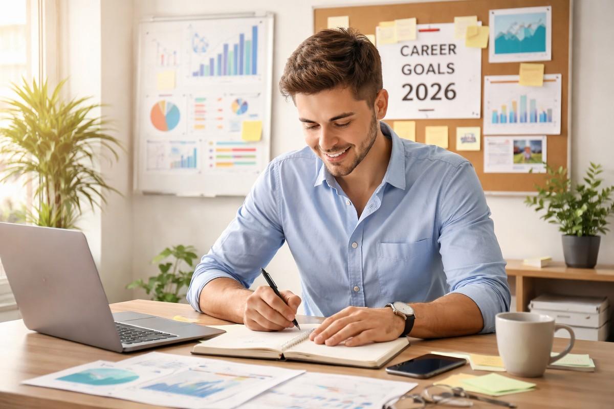 Young professional sitting at a desk, writing in a planner about career goals for 2026