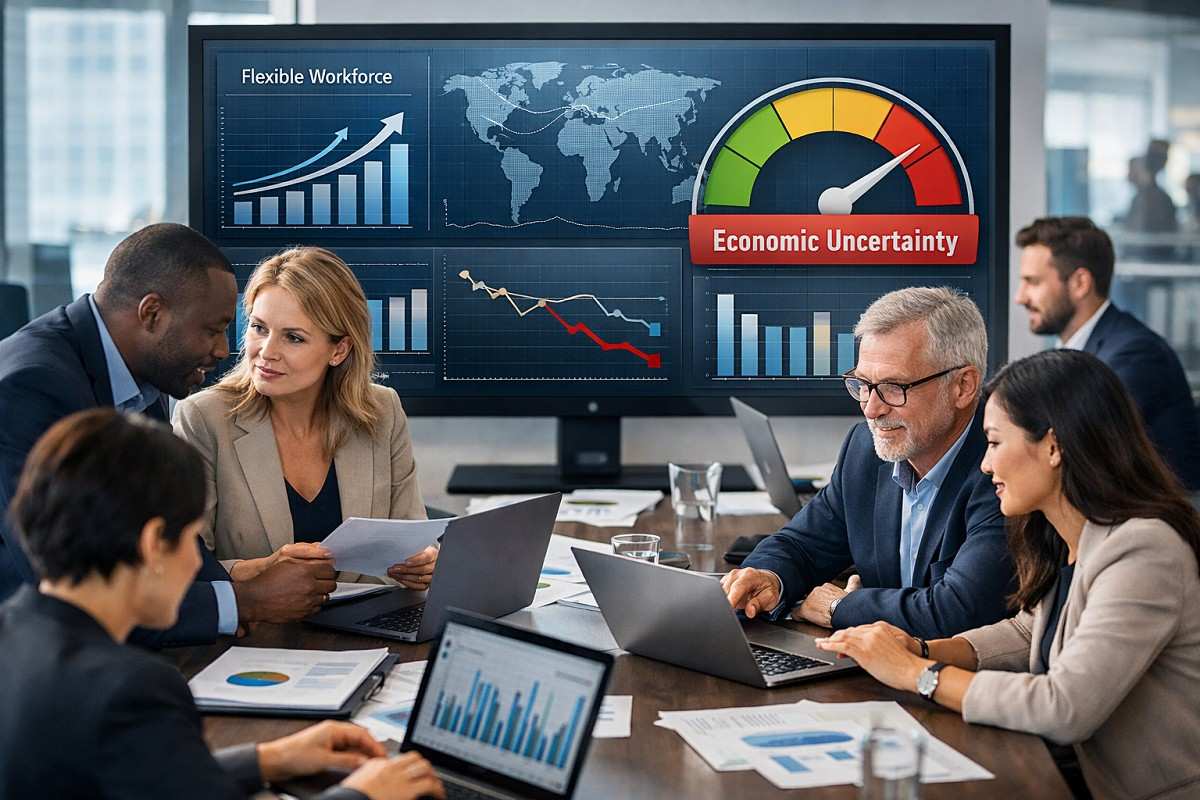 Business professionals reviewing economic uncertainty and planning a flexible contingent workforce strategy