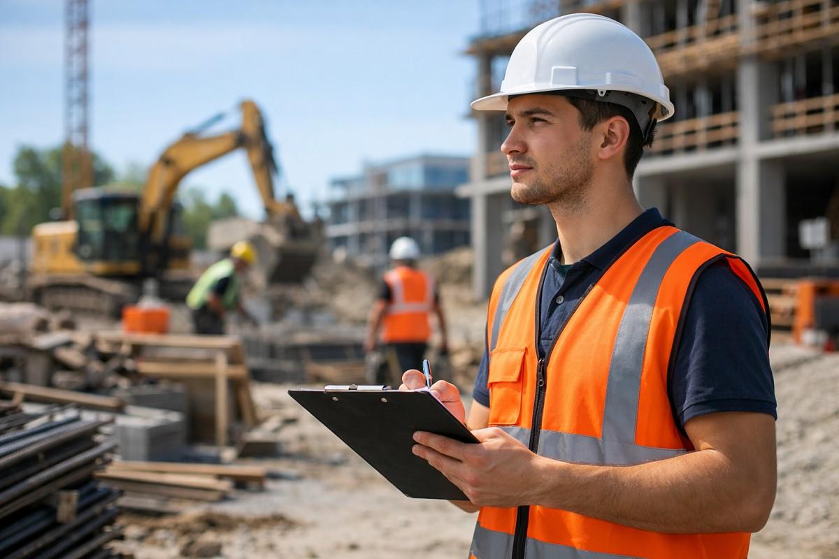 Construction intern in safety gear observing and taking notes on a worksite