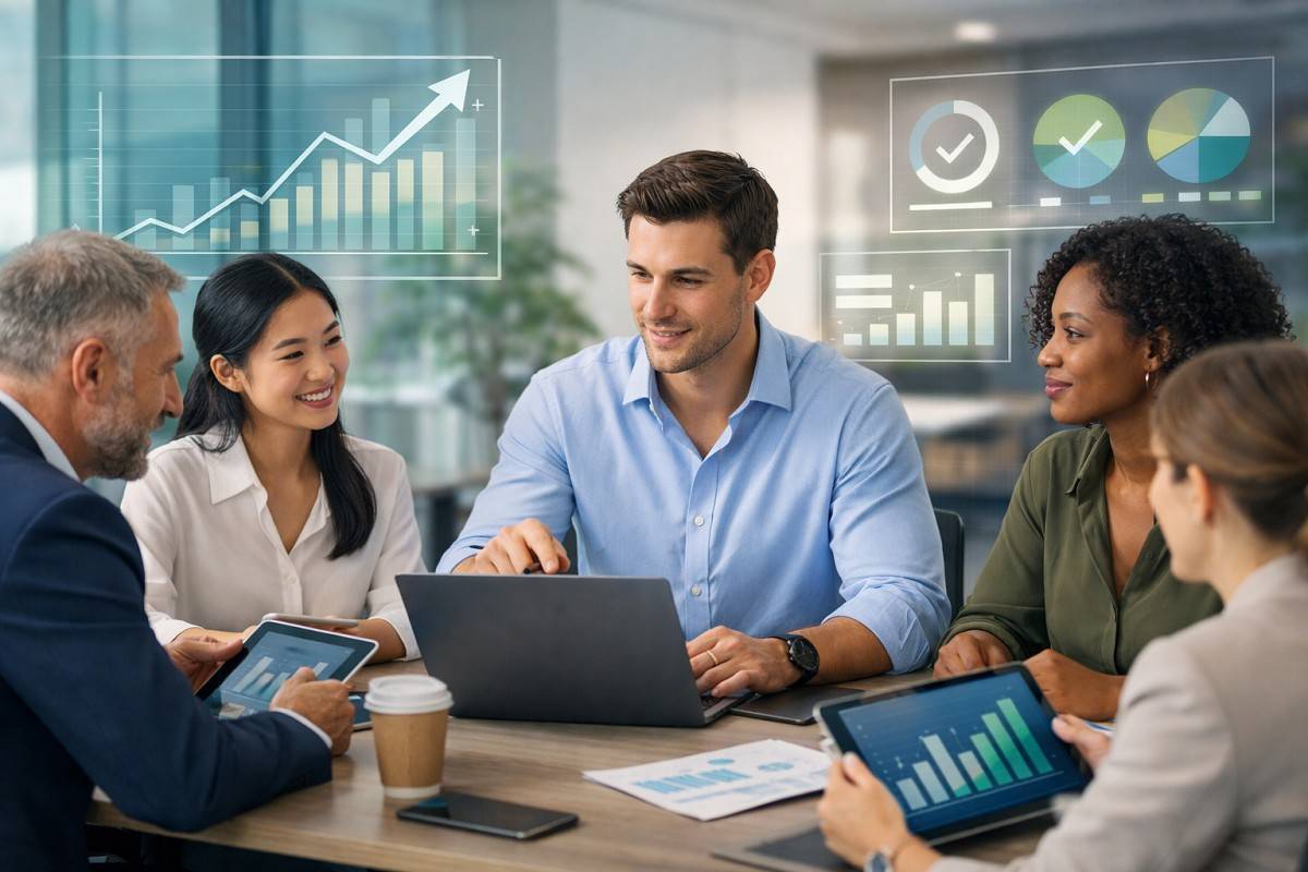 High-performing employees collaborating in a modern office using laptops and tablets, representing teamwork, productivity, and business success