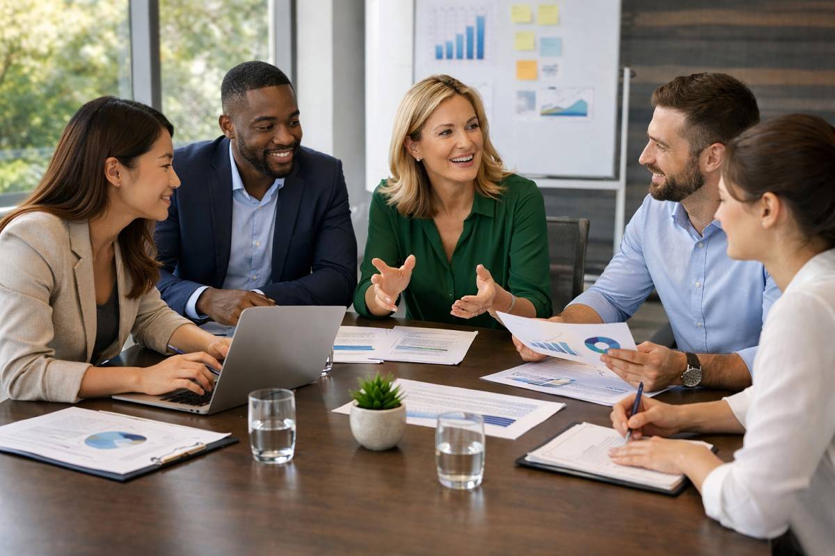Business professionals collaborating around a modern conference table, creating a strategic hiring plan for rapid business growth