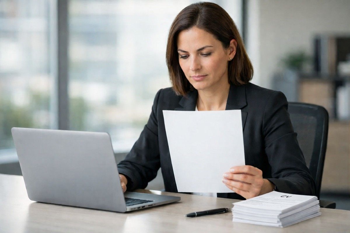 Staffing professional reviewing a CV at a modern office desk with a neatly stacked bundle of resumes beside her, representing efficient recruitment and reduced time-to-hire