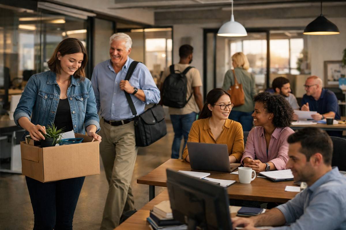 Employees in a modern open-plan office, representing microshifting at work