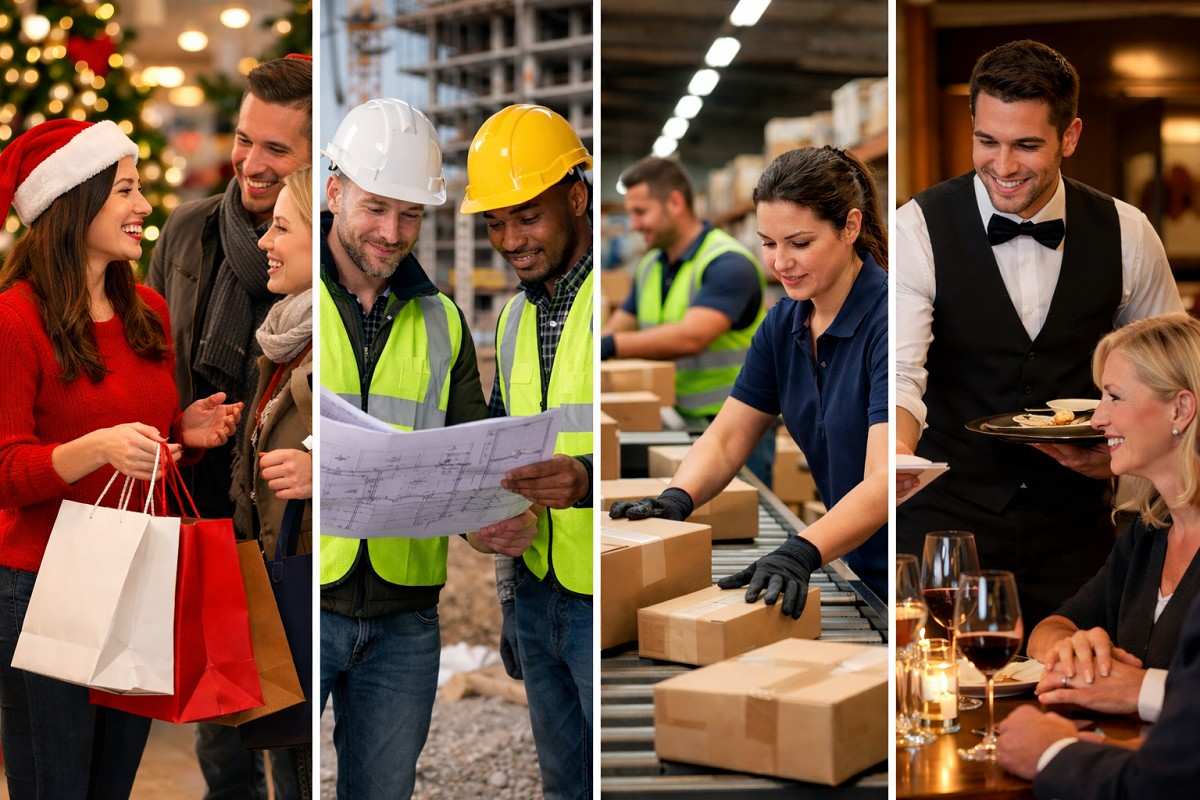Four seasonal hiring scenes: retail, construction, warehouse, and restaurant staff during peak workforce demand