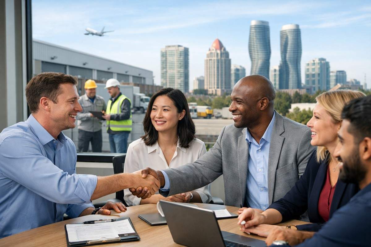 Staffing agency professionals in Mississauga shaking hands in a modern office, representing recruitment services