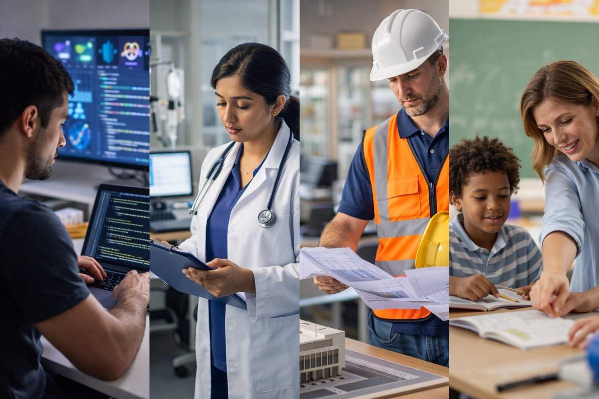 Four professionals in AI-proof careers: engineer, tradesperson, healthcare worker, and teacher, highlighting in-demand human-focused jobs