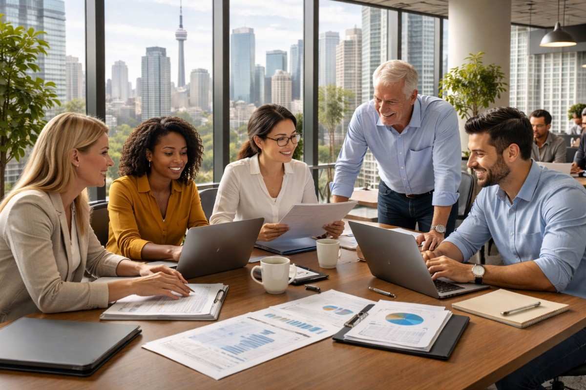Professionals collaborating in a modern office, showing Canadian businesses adopting staffing solutions in 2026