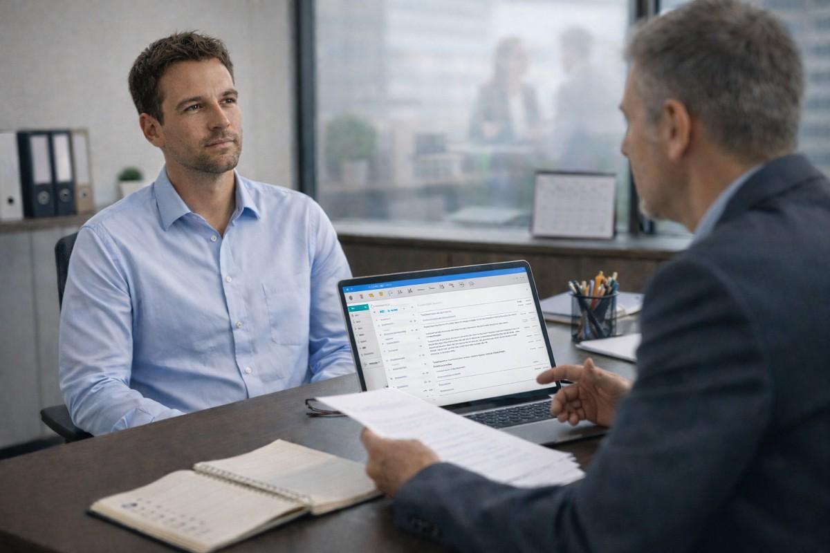 Professional job interview in a modern office representing questions to ask before you accept a temp job