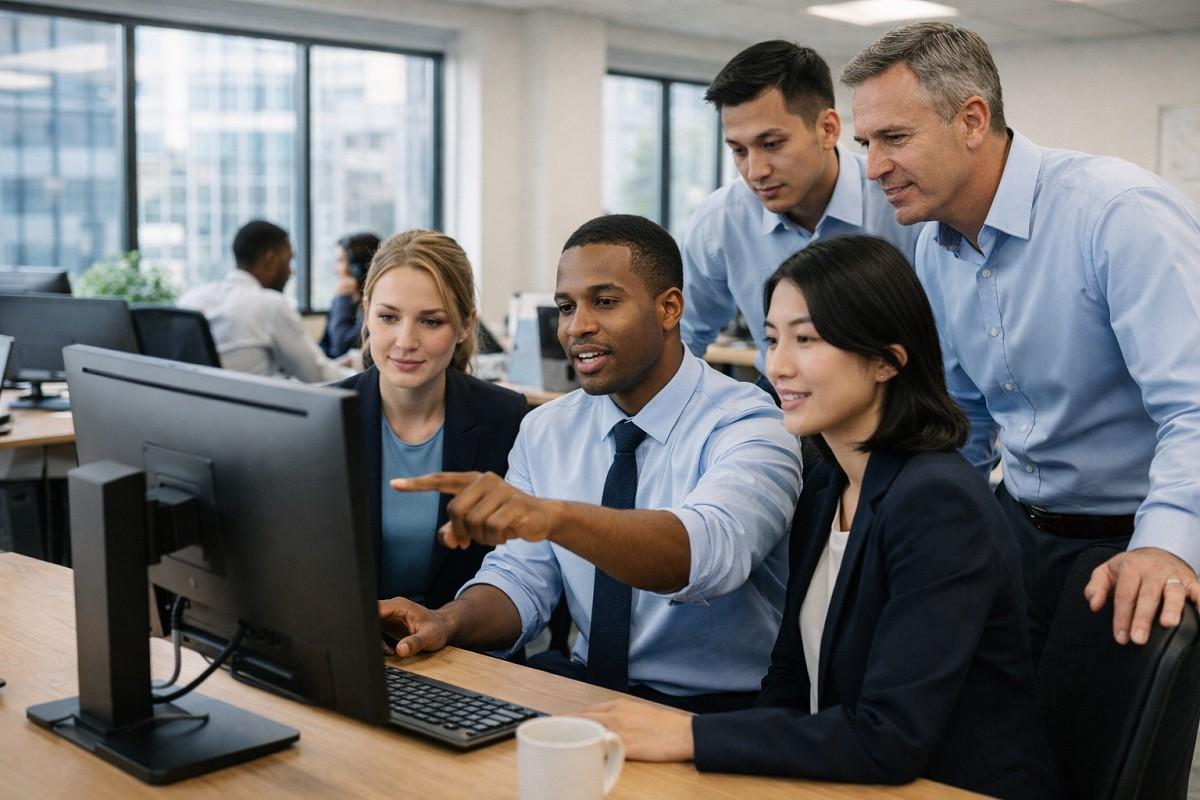 Employees cross-training in a corporate office under manager supervision