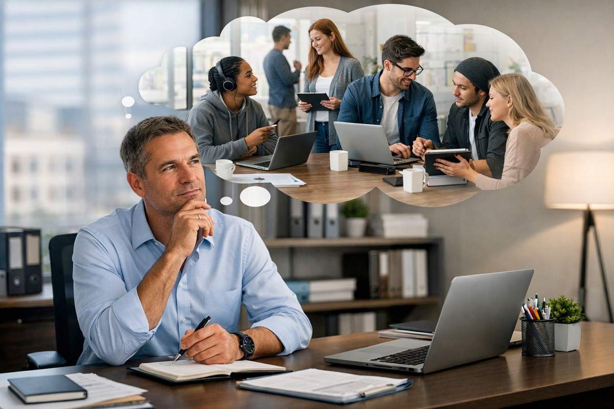 Employer at a modern desk planning strategies to attract Gen Z and Millennials, with a thought bubble showing diverse young professionals collaborating in a digital workplace