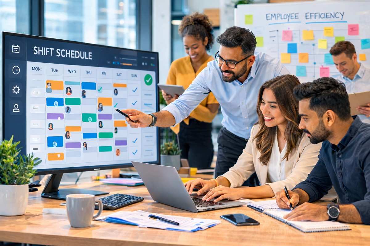 Team optimizing a shift schedule in a modern office
