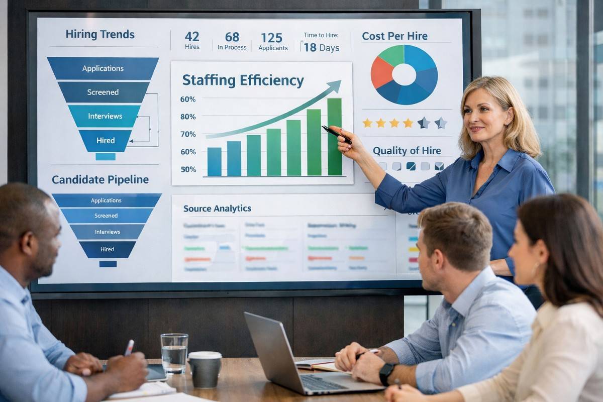 A staffing manager presenting recruitment analytics on a digital dashboard to her team in a modern office