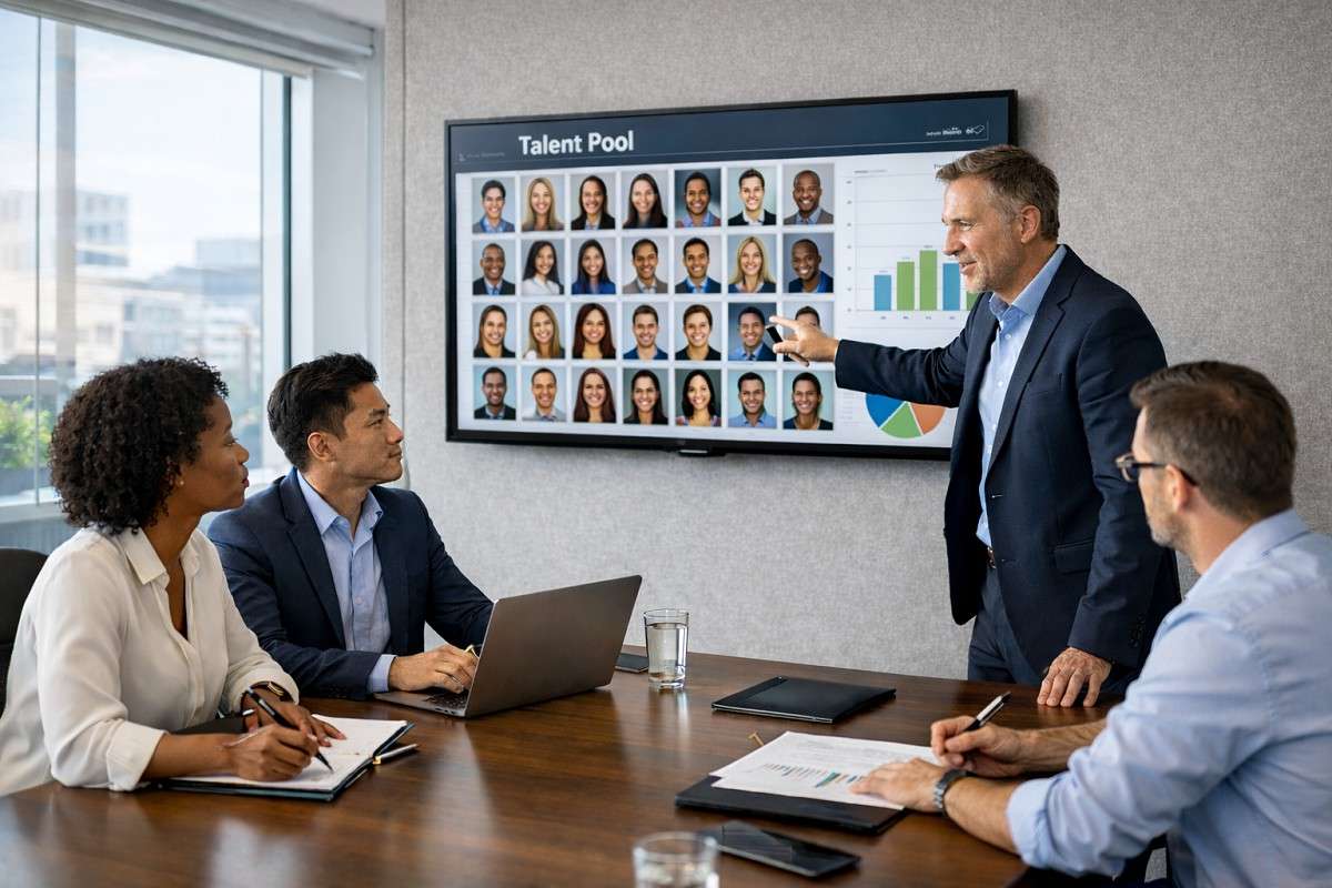 HR team reviewing a talent pool on a large office screen, discussing candidate profiles and hiring strategy during a meeting