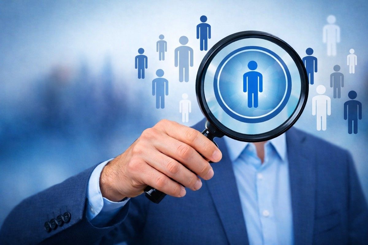 Recruiter in a blue suit holding a magnifying glass, representing candidate screening and talent selection