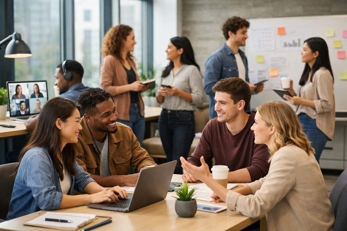 Diverse group of Gen Z and Millennial professionals collaborating in a modern office