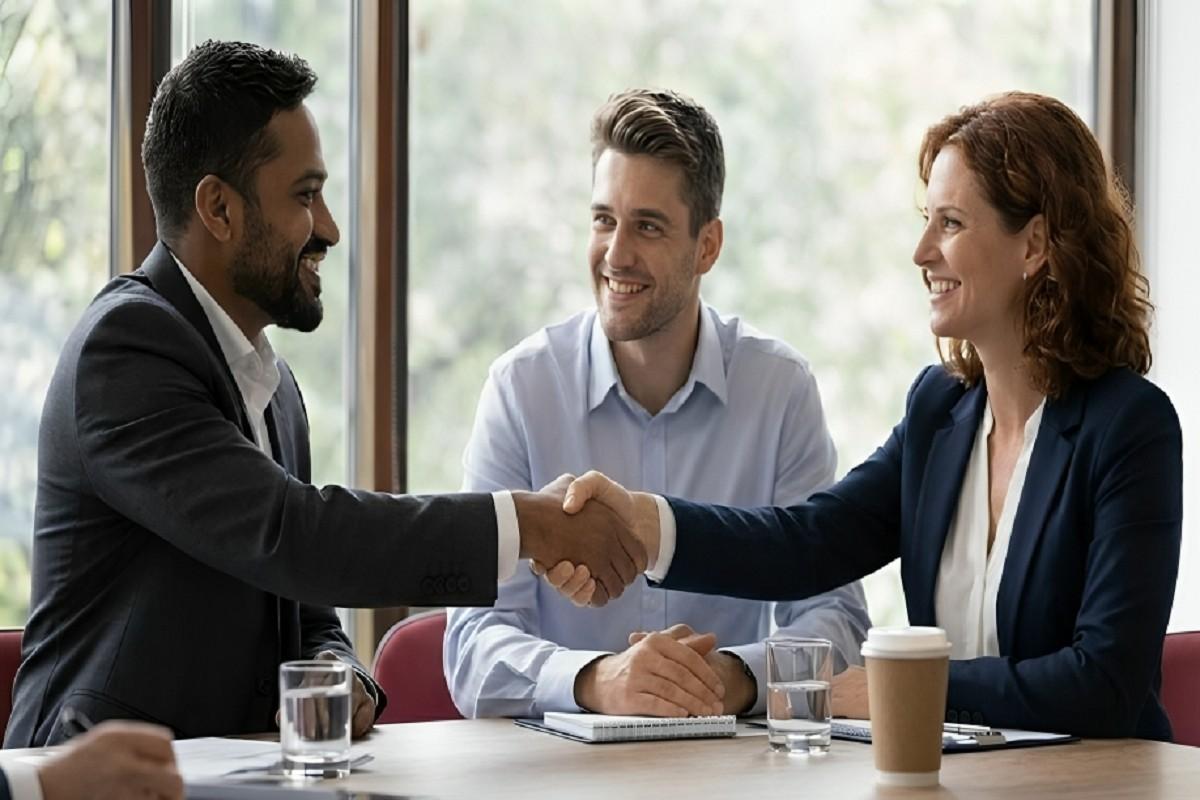Two professionals shaking hands in an office, symbolizing strong employer-agency collaboration for successful staffing solutions