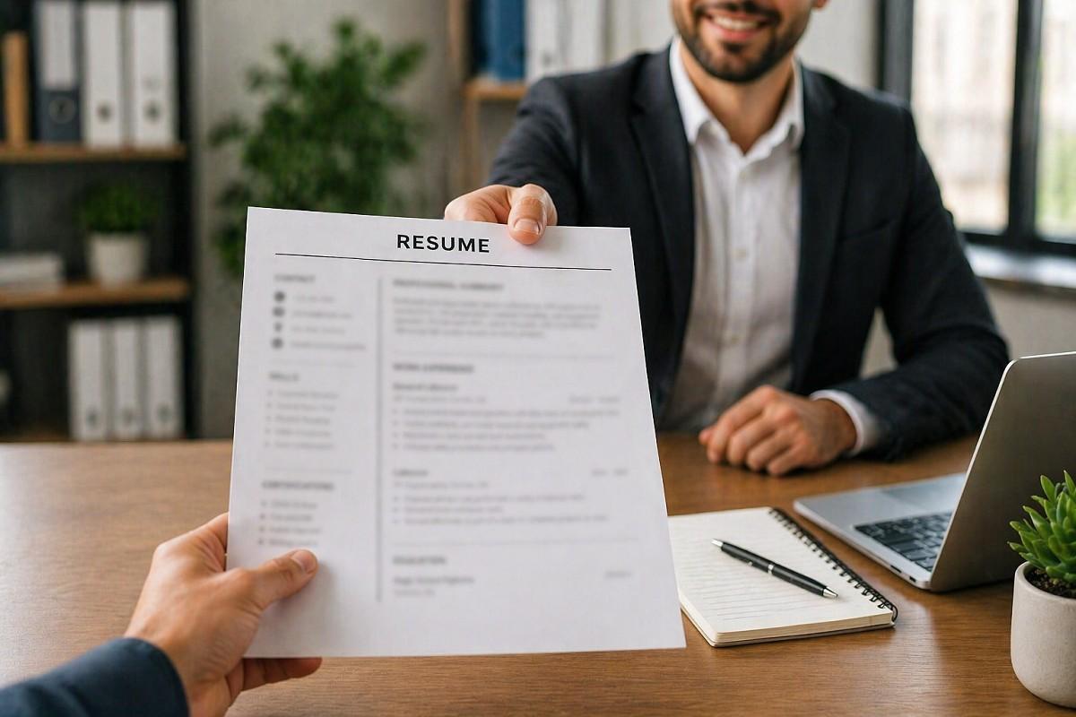 Professional interview setting where a hiring manager receives a labour resume from a candidate across a desk during a job application process