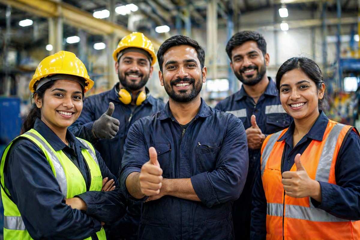 Diverse labour workers in helmets and safety vests standing together in an industrial setting, smiling and giving thumbs up to show job satisfaction and teamwork