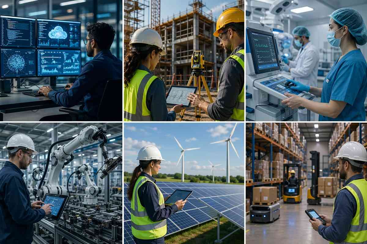 Modern industries embracing new collar roles in 2026, including IT, construction, healthcare, manufacturing, renewable energy, and logistics