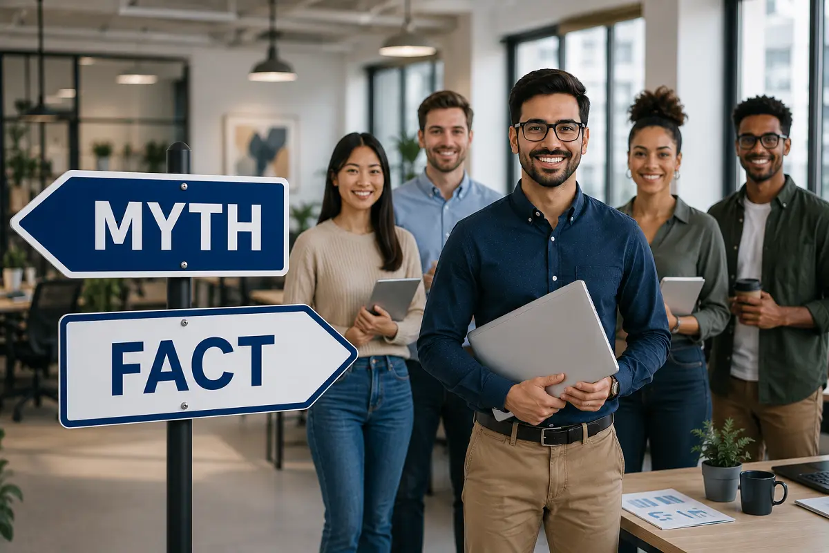 Diverse group of millennial office workers in a modern workspace with two directional arrows representing millennial workforce myth and reality
