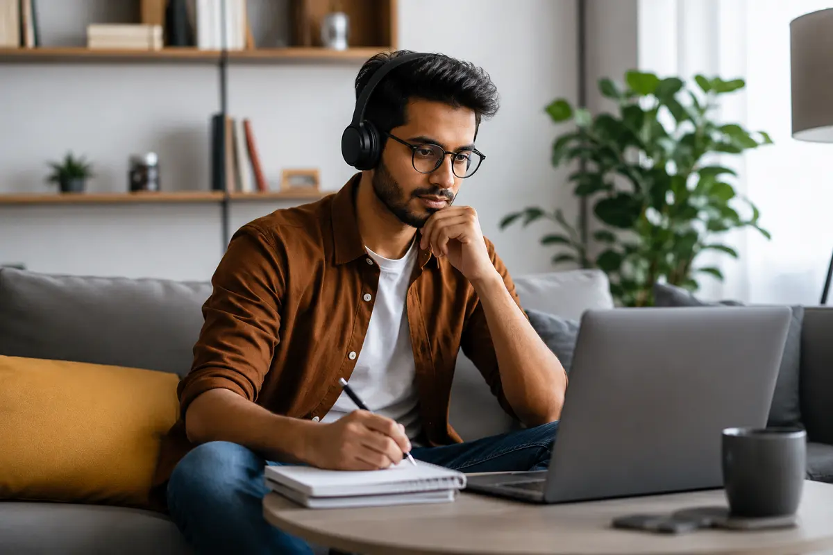 A professional man working on a laptop and taking notes in a modern living room, showing career cushioning in a flexible environment