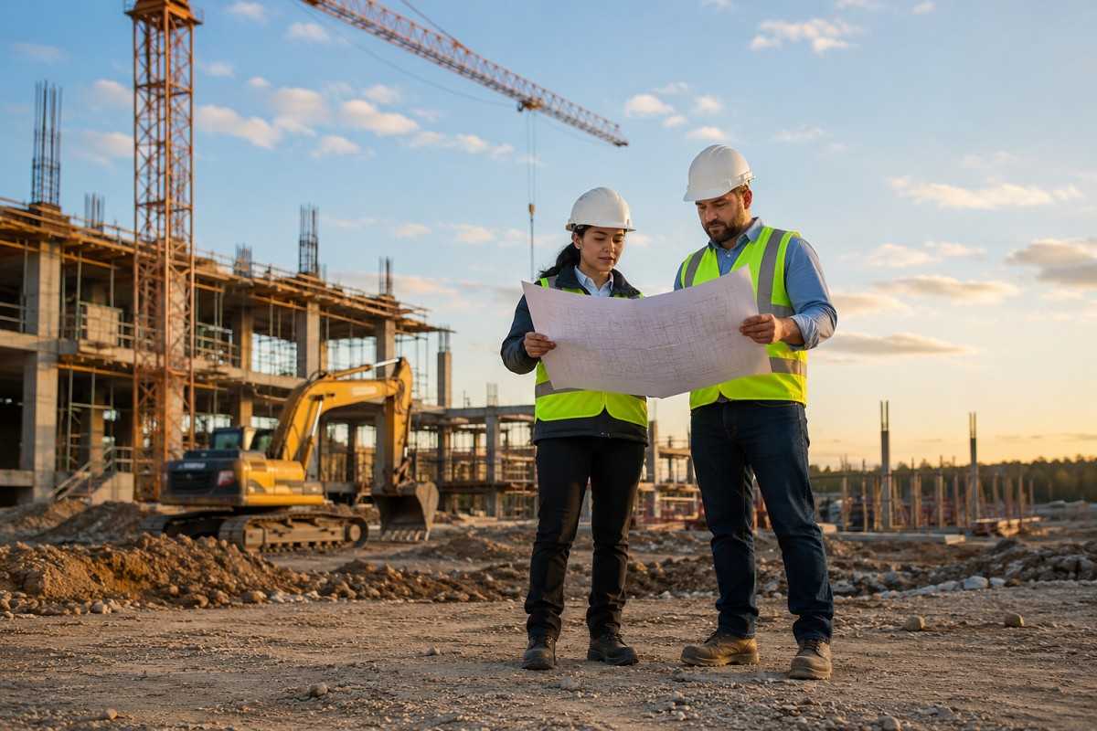 Construction managers reviewing a project plan at a modern construction site, representing future construction labour trends and industry growth