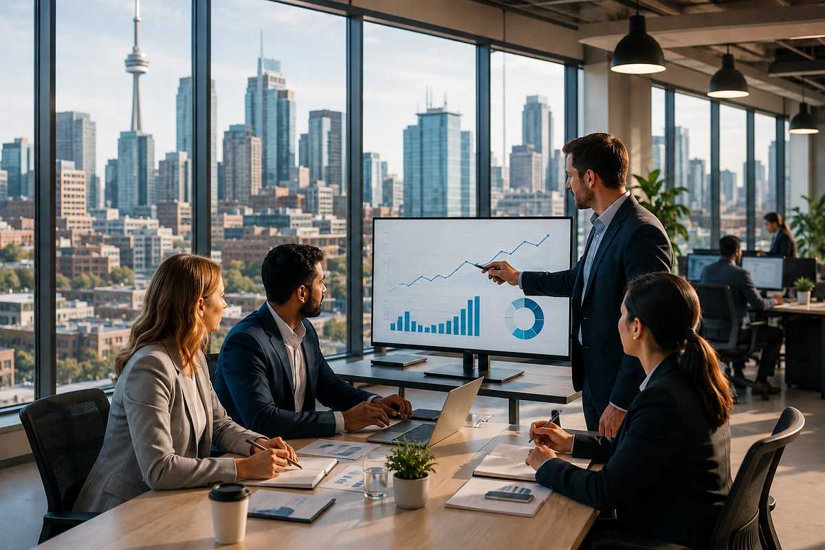 A realistic corporate meeting in a modern office with professionals discussing how economic growth cycles affect labour demand in Canada