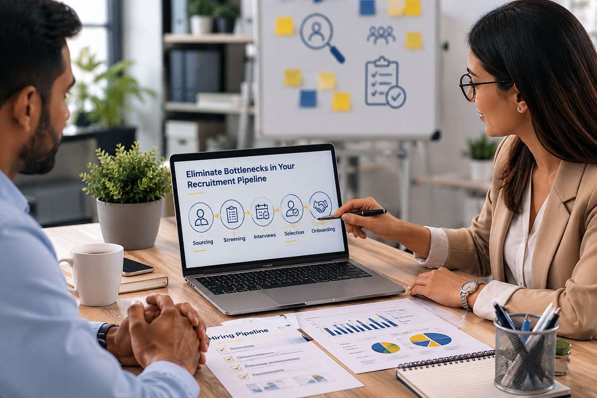 Two professionals in a modern office reviewing each stage of the recruitment pipeline to identify and eliminate bottlenecks