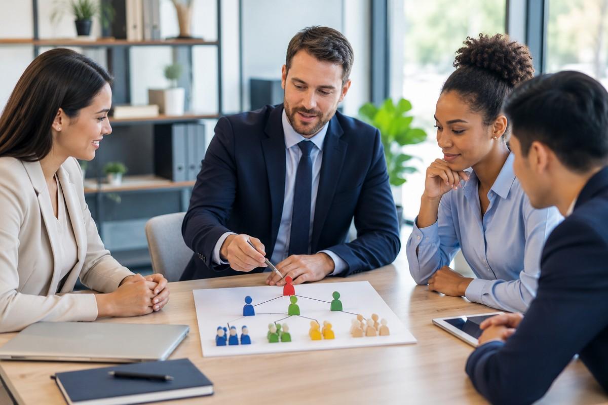Management team holding a meeting around a table in a modern office, discussing efficient labour allocation across projects