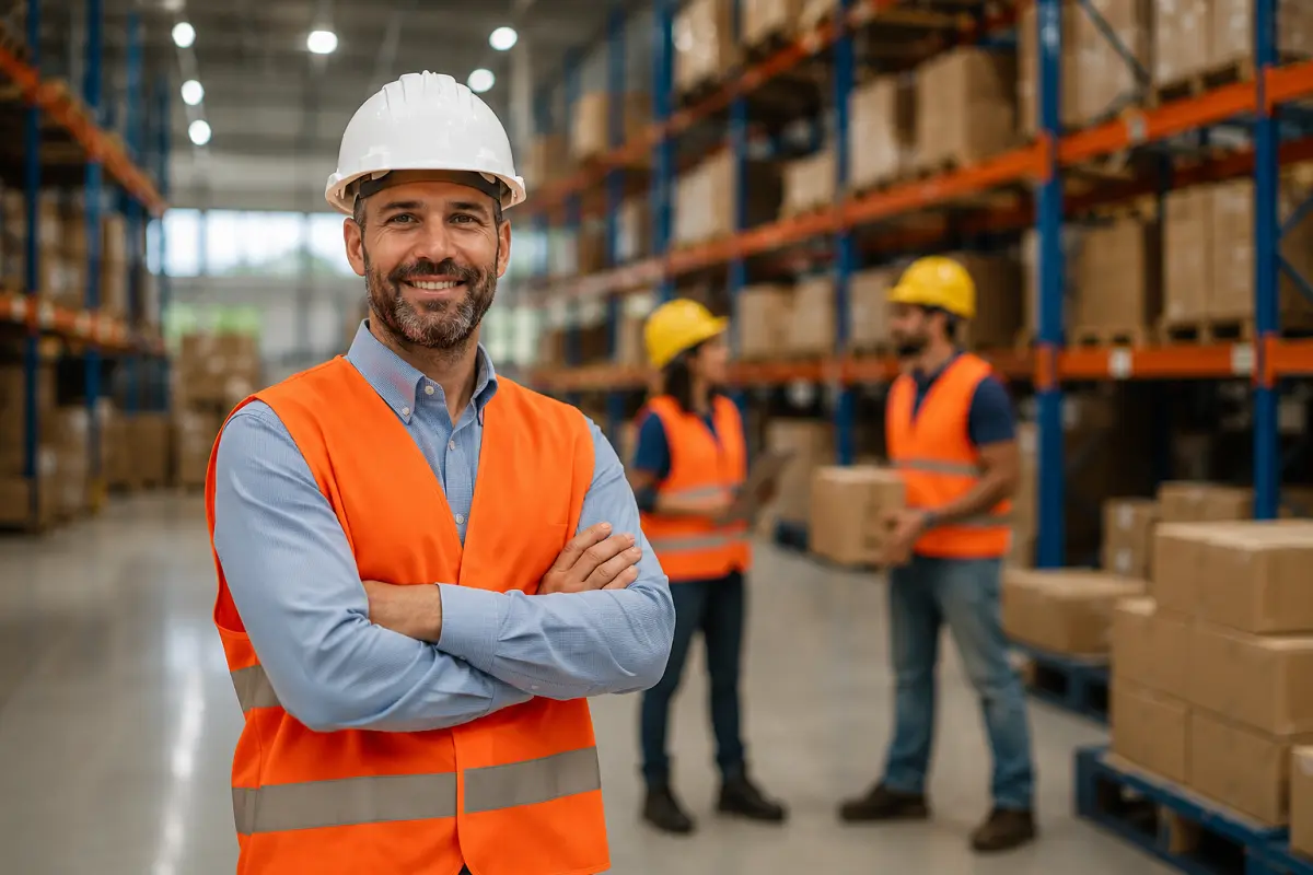 Smiling warehouse supervisor wearing a hard hat and orange safety vest representing balanced warehouse staff management