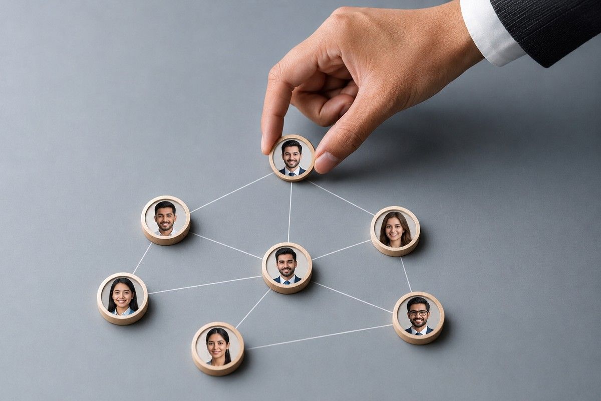 Human hand selecting professional candidate profiles, representing strategies to reduce hiring errors in high-volume labour recruitment