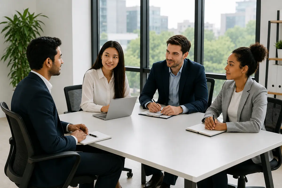 A diverse group of recruiters engaging in a collaborative job interview with a candidate, highlighting human-centric hiring