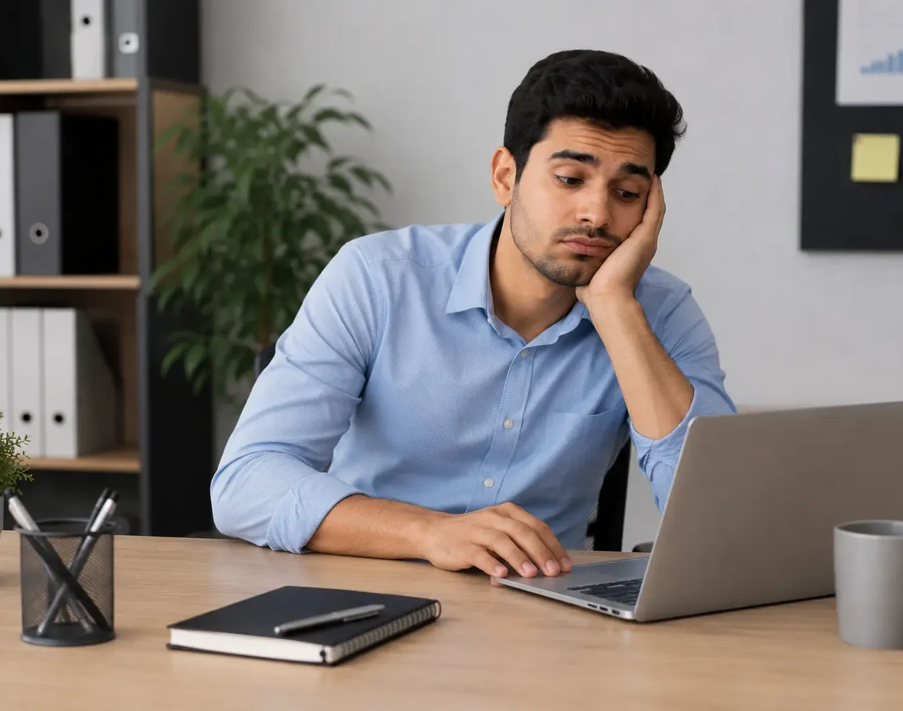 Young office worker looking distracted at a laptop in a modern workspace, illustrating time theft and low productivity