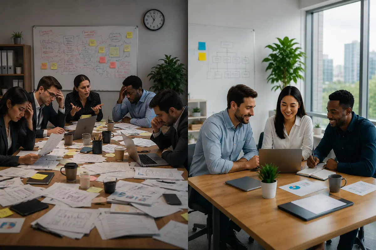 Split-screen showing a disorganized large office team on one side and a small smarter team collaborating efficiently in a modern workspace on the other