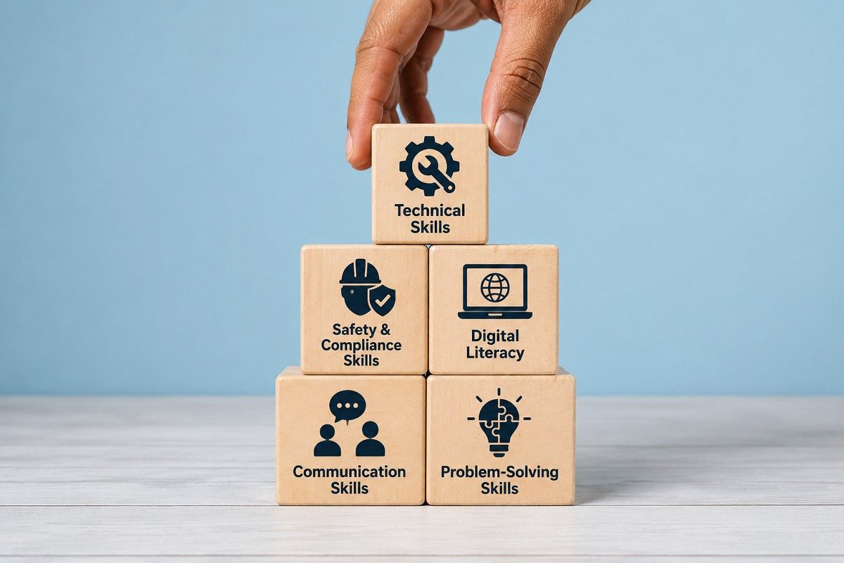 Skill Stacking for modern workforce roles highlighting technical, safety, digital, communication, and problem-solving skills essential for labour jobs