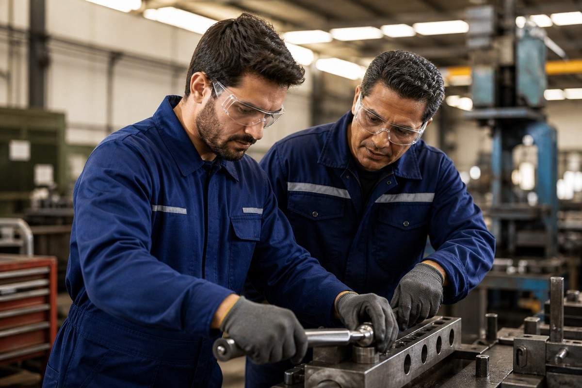 Professional worker training a contract employee on industrial equipment, highlighting upskilling for improved productivity and business performance